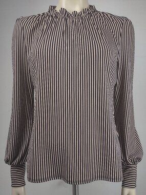 NWT Adrianna Papell black beige tan striped long sleeve blouse top womens Small
